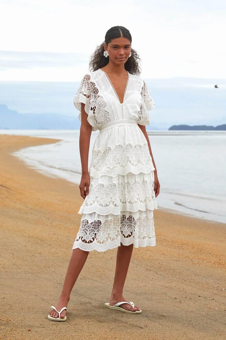 NEW FARM RIO Richelier Midi Dress Medium Off-White Embroidered Lace Boho Tiered